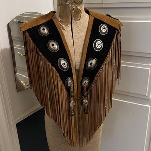 Elegant Tan and Black Fringe Cape with Silver Details
